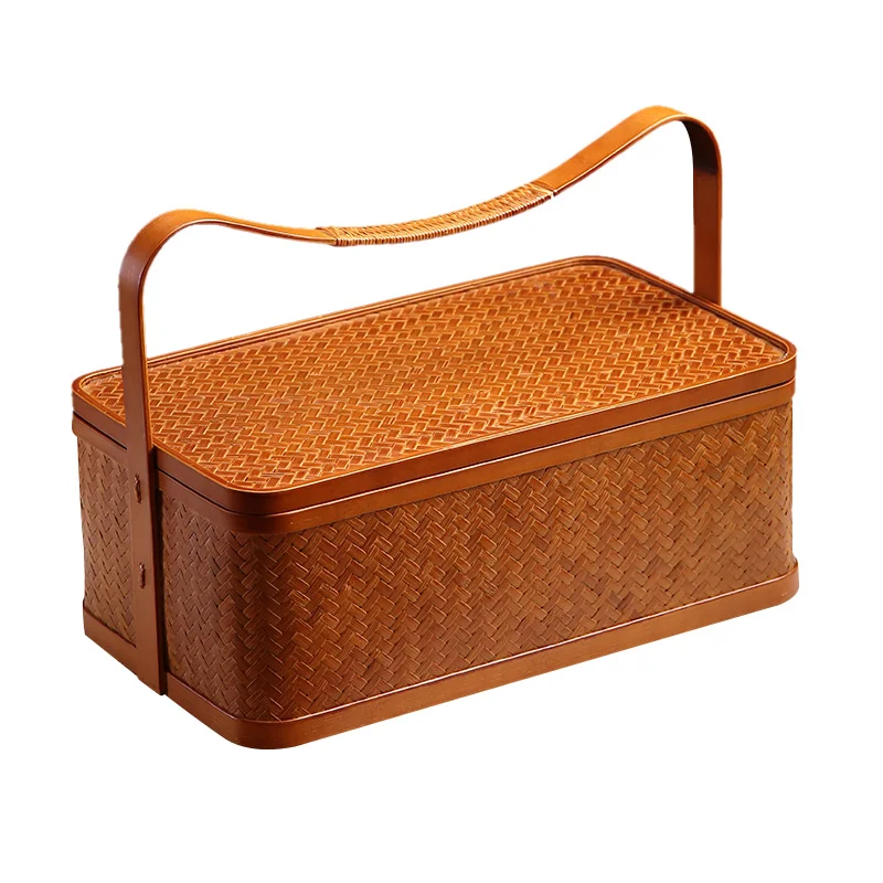 

Tea set Storage Box Handmade Bamboo Light Brown Portable Handheld Large Capacity Candy Snacks Storage Basket Household Items