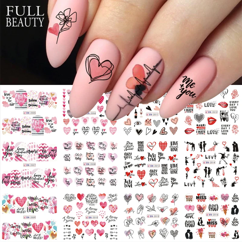 12pcs Valentine Day Stickers for Nails Heart Flower Letter Water Sliders Gel Polish Charms Decals Manicure Decor CHBN2005-2016 | Красота и