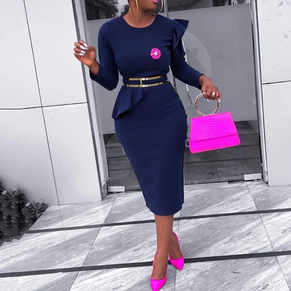 Vintage Blue Office Bodycon Dress Women Ruffle Cocktail Party Dresses Plus Size Long Sleeve Elegant African Midi Vestidos 3XL | Свадьбы и