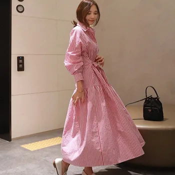 

ZCWXM Loose Turn-down Collar Sashes Bow Shirt Type Dress 2020 New Women Long Section Stripe Spring Asymmetry Clothes