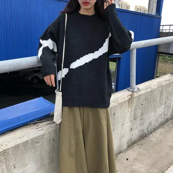 

Korean style black white patchwork Knitted Sweater Women Autumn Winter thick warm sweaters and pullovers womens (F1395)