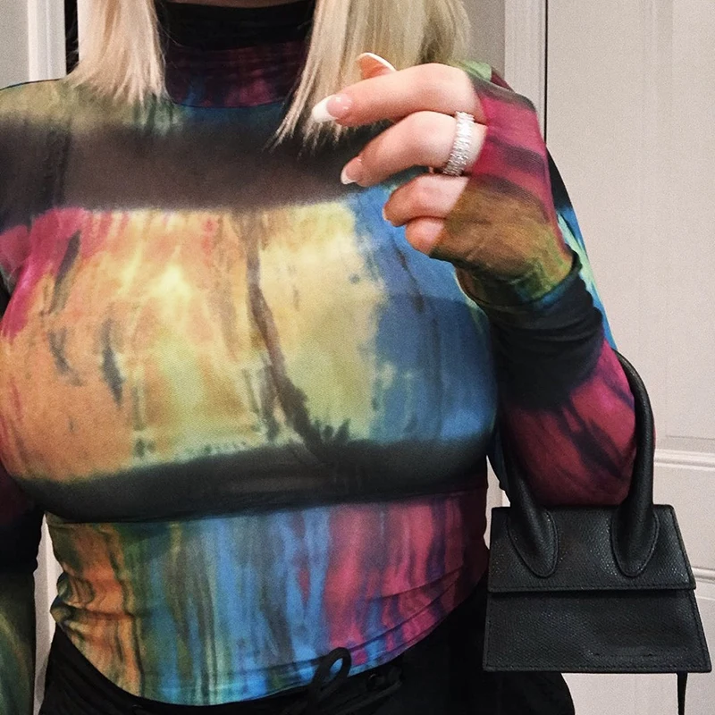 Сексуальная Лоскутная Прозрачная футболка женская уличная Водолазка с длинным