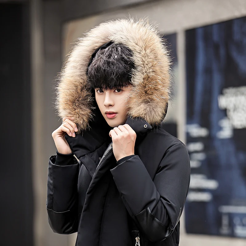 2021 Men Hooded slim down jacket male youth fashion leisure big fur collar long coat street style warm white duck down brand