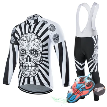 

Aofly Pro team Men's Cycling Jersey Autumn Clothing Breathable long sleeve outdoor suit bike riding MTB clothes Flower skull set