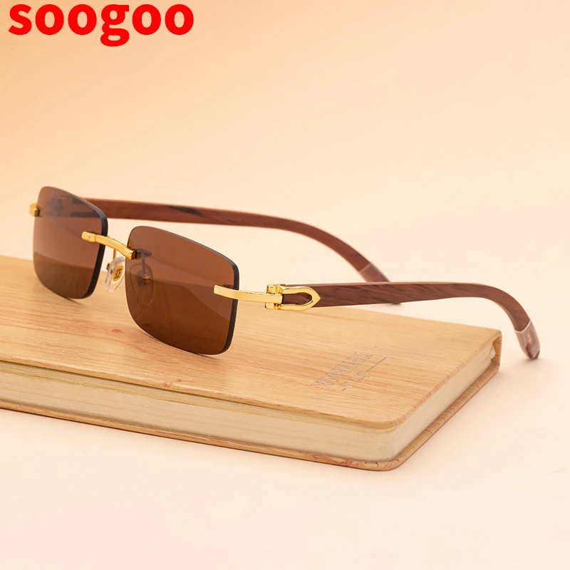 

Fashion Sunglasses Men Small Frameless Original Wooden Leg Catapult Sun Glasses Uv400 Optical Frame With Spring Luxury Brand