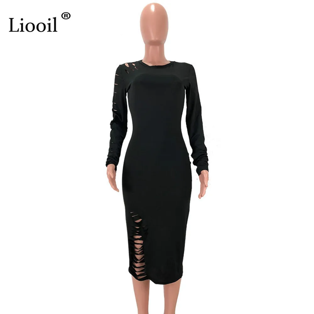 Liooil плюс размер сексуальное отверстие Bodycon миди платье осень зима с длинным рукавом О-образным вырезом бесшовная плотно прилегающая юбка платья женские вечерние ночной клуб