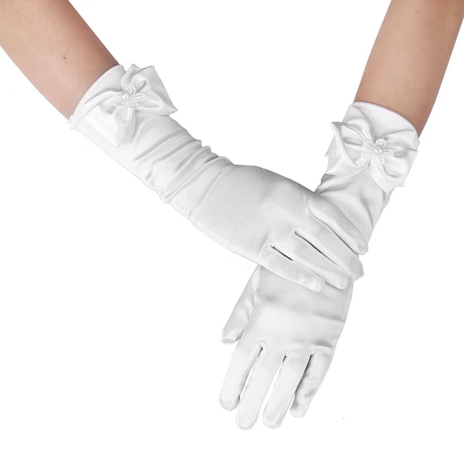 Свадебные перчатки принцессы для девочек; белые вечерние перчатки с бантом; аксессуары для дня рождения и церемонии; перчатки для выступлений для девочек
