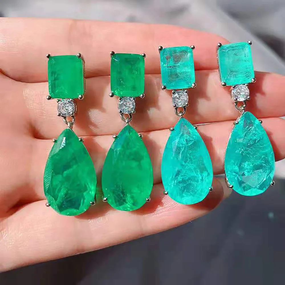 Drop Earrings Trend Paraiba Tourmaline Emerald Gemstone Big for Women Cocktail Party Fine Jewelry Anniversary Female Gift