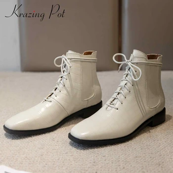 

Krazing Pot short stretch boots genuine leather high quality square toe thick med heel lace up comfortable soft ankle boots L96