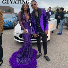 Платье для выпускного вечера с глубоким v-образным вырезом, фиолетовое, с блестками, с длинным рукавом, с перьями, поезд, африканские выпускные платья, женские вечерние платья