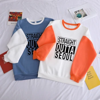 

Fashion Solid Hoodies Women Contrast Color Patchwork STRAIGHT OUTTA SEOUL Printing Sweatshirt Casual Harajuku Female Streetwear