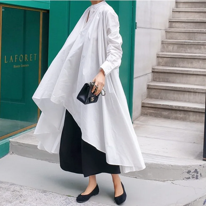 

LANMREM Solid Color Stand Collar Long Sleeve Irregular Loose Plus Woman Shirt Casual Personality Fashion 2019 Autumn New TV147
