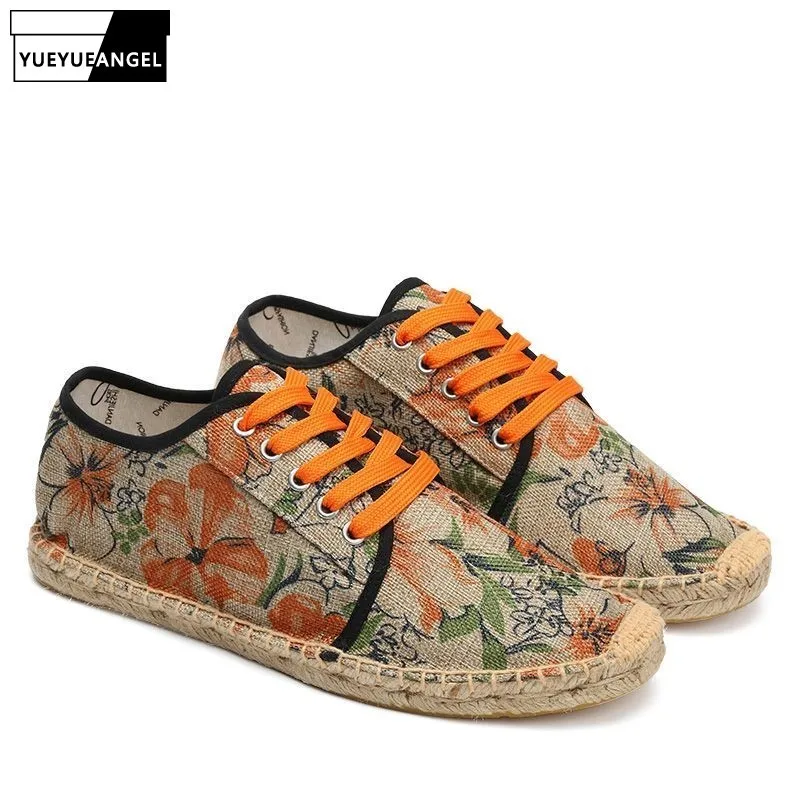 

2020 Hot Sale Men Shoes Lace Up Print Floral Embellished For Men Flats Casual Canvas Shoes Comfortable Round Toe Free Shipping