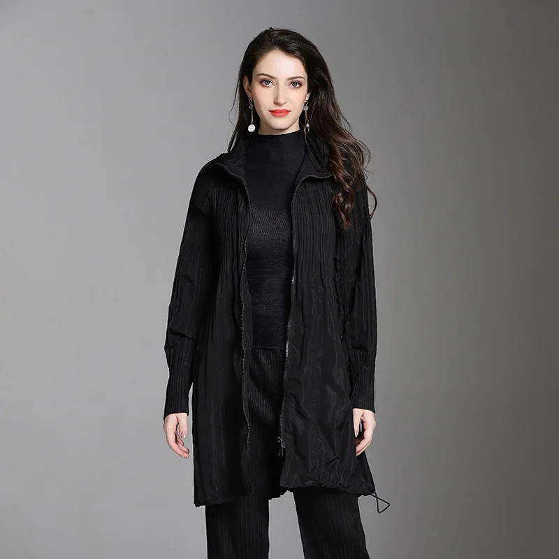 

Miyake Pleats Trench New Original Zipper Trench Coat A-Line Turn-down Collar Windbreaker Solid Long Sleeve Pleated Womens Coat