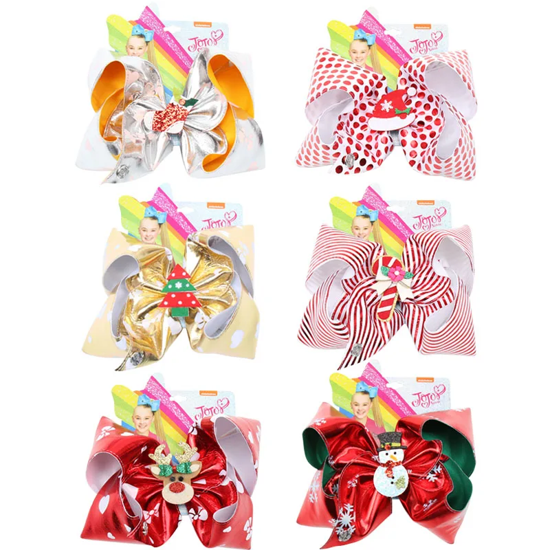 7" Jojo Siwa Hair Bows for Girls Handmade Leather JOJO BOWS with Glitter Snowman Hair Clip for Christmas Party Hair Accessories