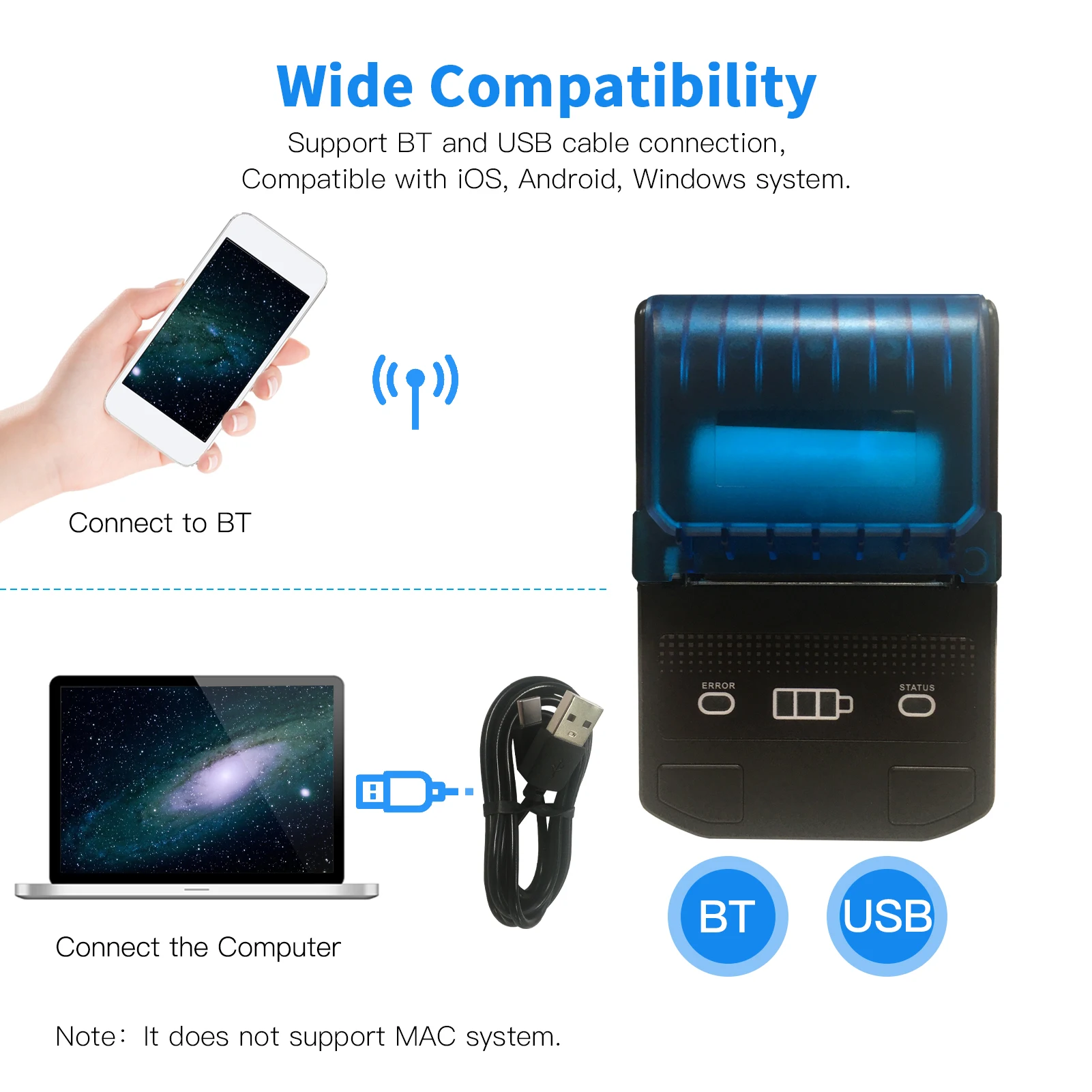 Portable 58mm Thermal Receipt Printer Wireless BT Mini Bill Ticket POS Mobile Printer with Rechargeable Battery Support ESC/POS mini handheld printer