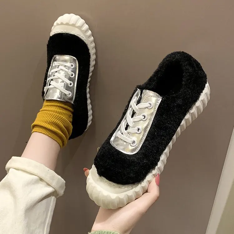 Winter Woman Loafers Flat Oxford Shoes For Women Plush Warm Black Fashion Flats Ladies Casual Shoes 4cm Platform Alpargatas