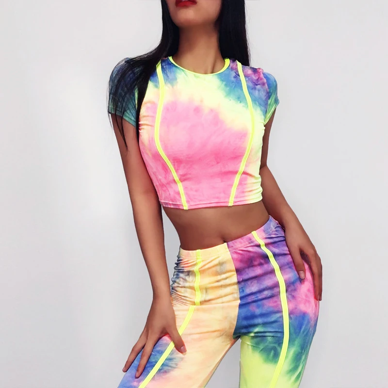 

Fashion Women Printed Two Piece Set Reflective Strip O Neck Short Sleeve Crop Top Leggings Bodycon Pant Suits Fitness Outfit New