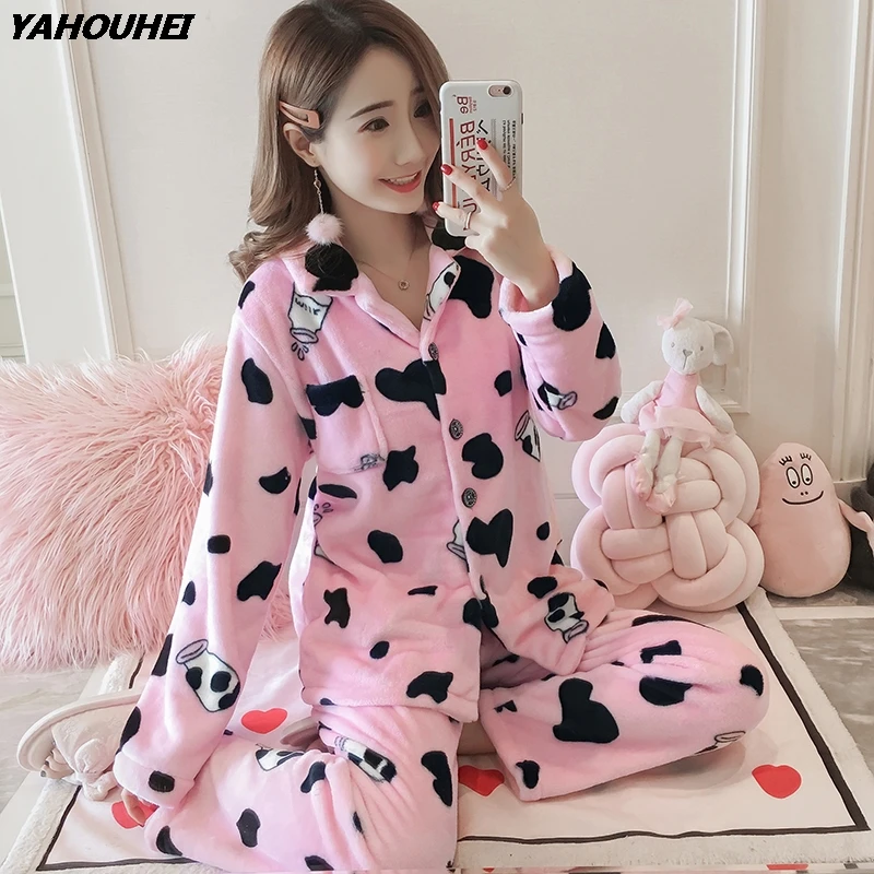 

2019 Winter Thick Warm Cow Print Flannel Pajama Sets For Women Long Sleeve Soft Coral Velvet Pyjama Girls Sleepwear Pijama Mujer