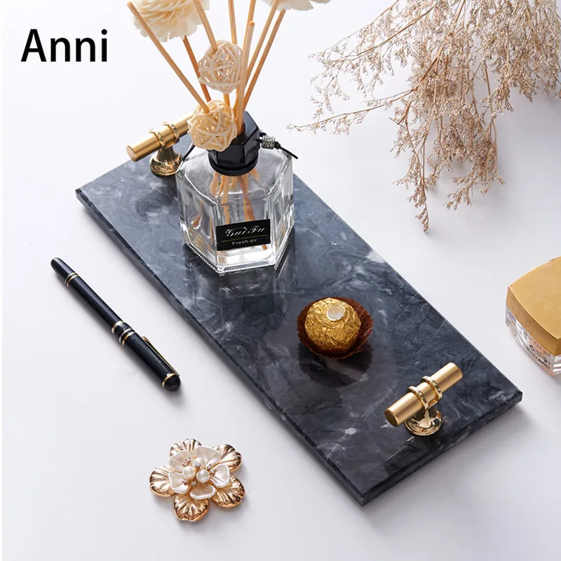 

Прямоугольный поднос с золотой инкрустацией, Европейский натуральный мрамор, товары для ухода за кожей, поднос для хранения духов, украшение для дома и гостиной