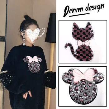 

Embroidered Fashion Cat Sequin Mouse Patches for Clothing Jacket Sewing Large Patch Stickers on Clothes Badges Applique Sweater