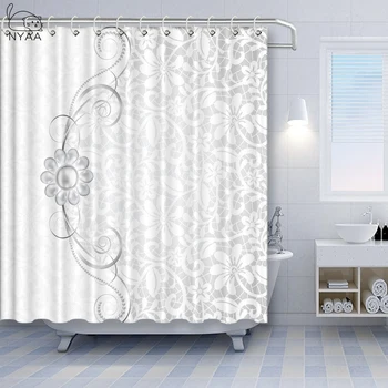 

Vixm Grey Shower Curtain Lace Inspired Flourish Motifs Background with Bridal Flower Border Wedding Fabric Bath Curtains