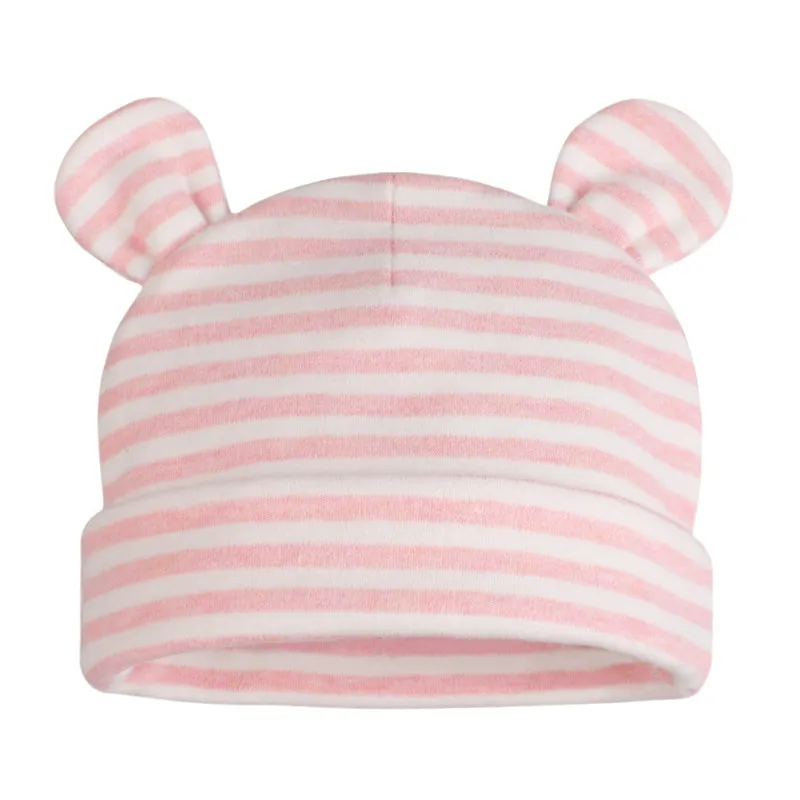 Хлопковая шапка для новорожденных; детская шапочка с заячьими ушками для мальчиков и девочек; однотонная полосатая шапка для новорожденных; сезон весна-лето; детская шапка с ушками - Цвет: Pink Stripe