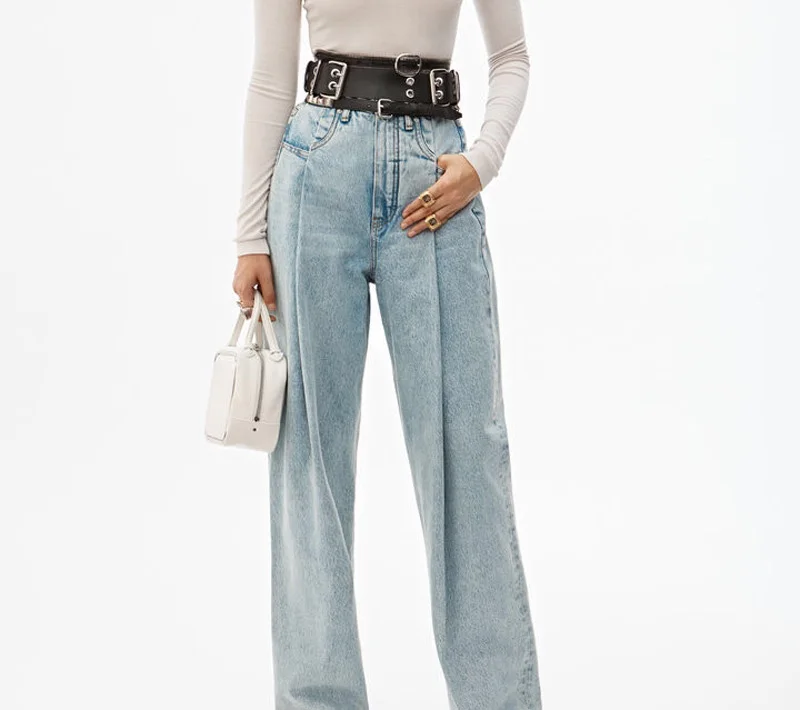 Женские брюки летние новые плиссированные свободные широкие джинсы с высокой талией