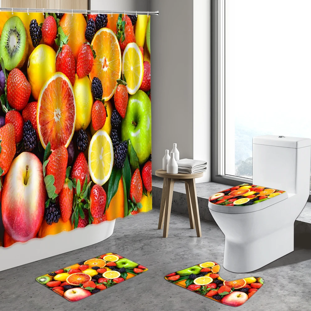 

4pcs Tropical Fruits Shower Curtain Strawberry Orange Pineapple Avocado Banana Anti-Slip Bath Mats Toilet Bathroom Carpet Rugs