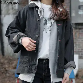 

Jackets Women Solid Single Breasted Denim Vintage Basic Jacket Womens All-match Simple Pockets Korean Style Coats Students Chic