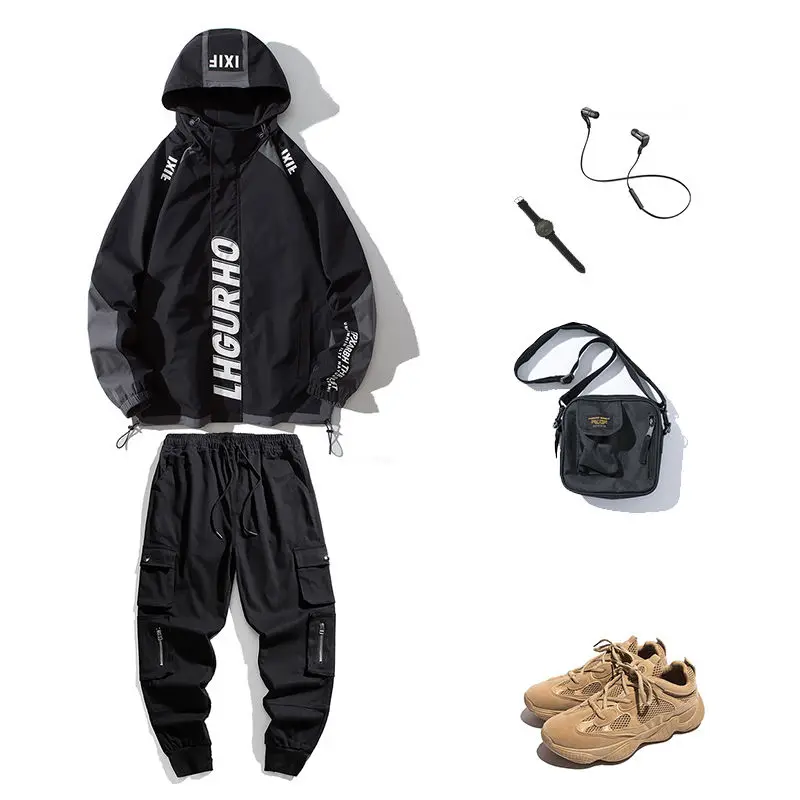 

Spring Men Jackets Pants Boys Casual Jacket Male Outerwear 2pcs Set M L XL 2XL 3XL