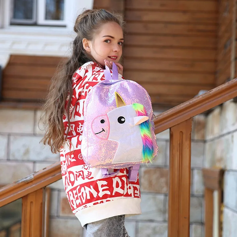 Женский рюкзак с блестками и единорогом для девочек школьные сумки
