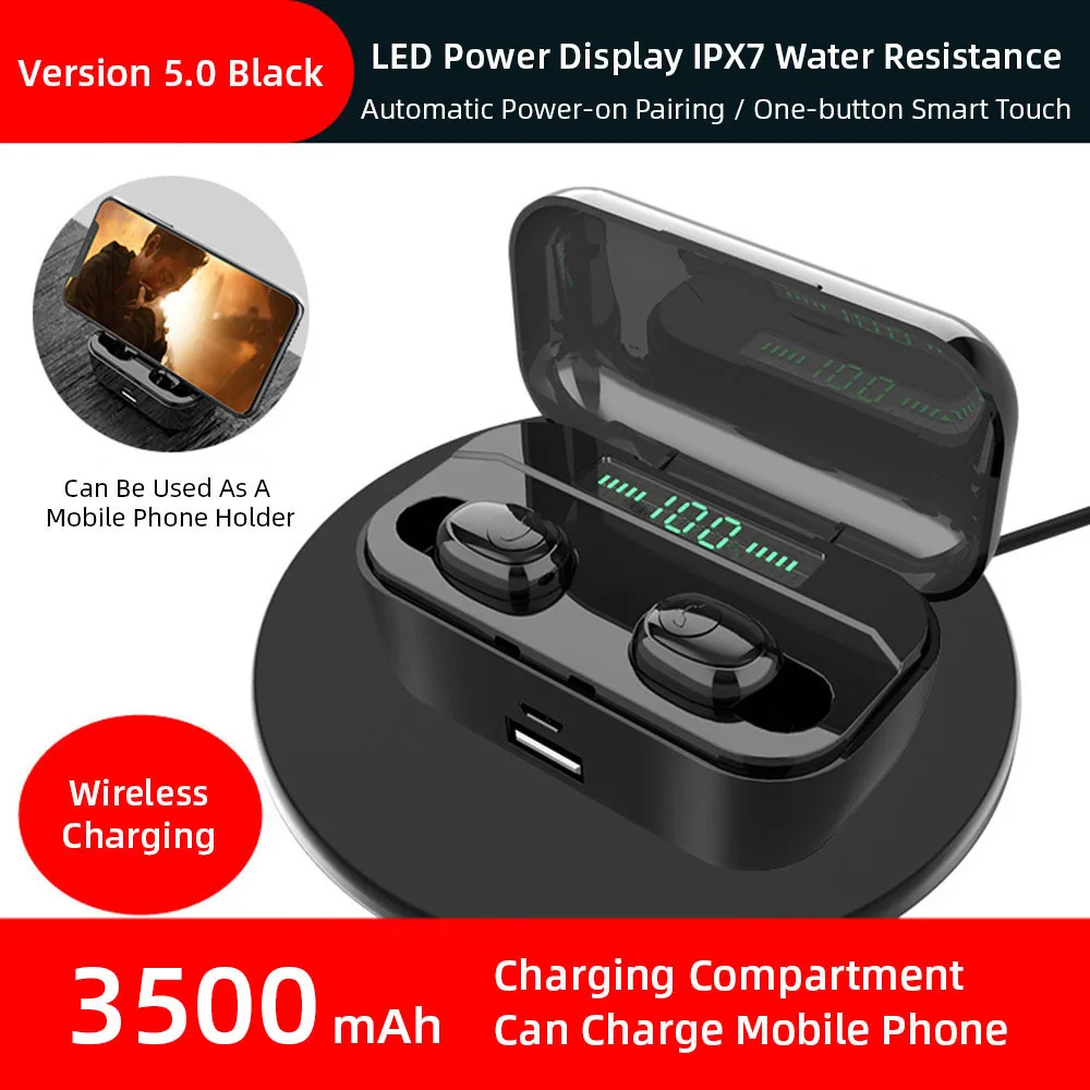 Bluetooth 5,0 наушники беспроводной 8D объемный звук Светодиодный дисплей питания IPX7 зарядное устройство для мобильного телефона держатель для звонков для iPhone X 8 Plus - Цвет: Black Charging