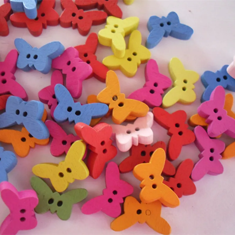 100 Pcs Mixed Wooden Buttons Colorful Butterfly 2-Holes Sewing Scrapbooking DIY Clothes Buttons Sewing Accessories