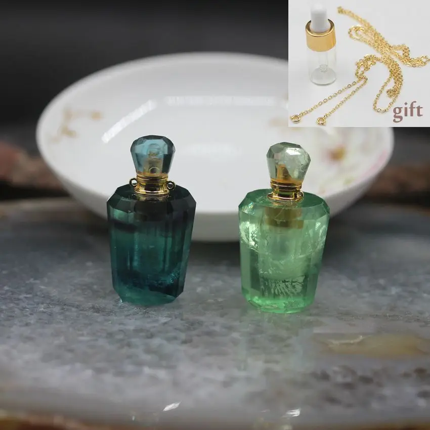 

New!Natural Fluorite Perfume Bottle Pendants,Plated Gold Crystal Gems Stone Caps Essential Oil Diffuser Necklace Charms Jewelry