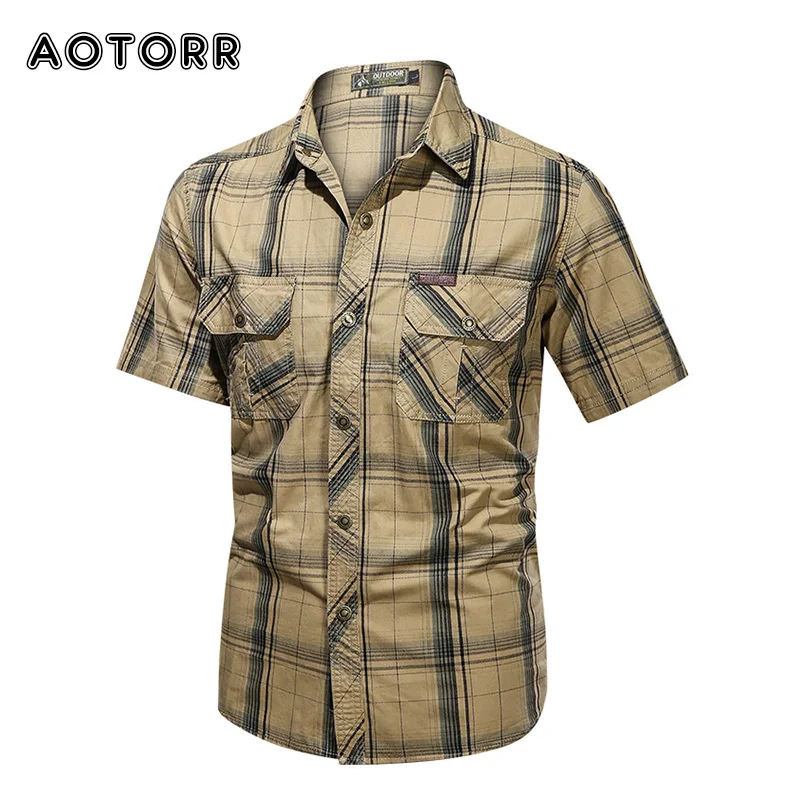2021 hombres camisas de cuadros pantalón corto Casual-Camisa de manga larga Tops militares vestido de algodón de negocios camisas hombre solapa verano Slim Streetwear