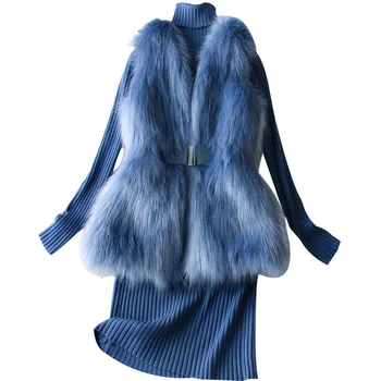 

2019 Winter New Fashion Elegant Two Pieces Turtleneck Artificial Fur Vest & Blue Long Knitted Dress Free Shipping Worldwide