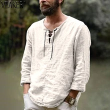 

2020 New Men's Linen V Neck bandage T shirts Male Solid Color Long Sleeves Casual Cotton Linen tshirt Tops M-3XL