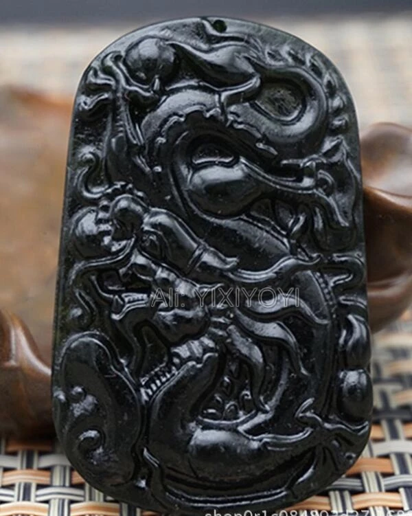 Beautiful Natural Black Green Stone Carved Chinese Dragon Amulet Lucky Pendant+ Rope Necklace Fashion Jewelry for woman man