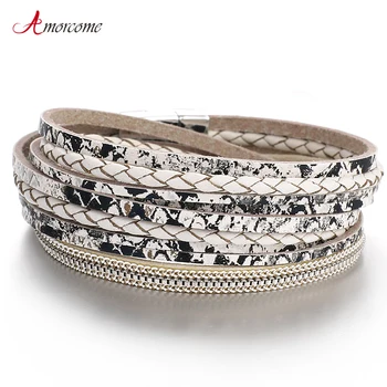 

Amorcome Snake Skin Leather Bracelets for Women Fashion Boho Ladies Multilayer Wrap Bracelet Bangle Female Jewelry