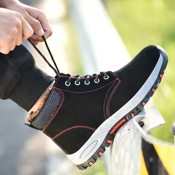 

men Work Boots Winter Warm Outdoor Steel Toe Cap Anti-smashing Anti-piercing Outdoor Lace-up Cow Suede Safety Shoes