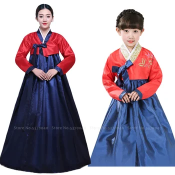 

Kids Family Mother Daughter Korean Hanbok Traditional Cosplay Costumes Tops Robe Skirt Woman Girl Luxury Asain Stage Dance Dress