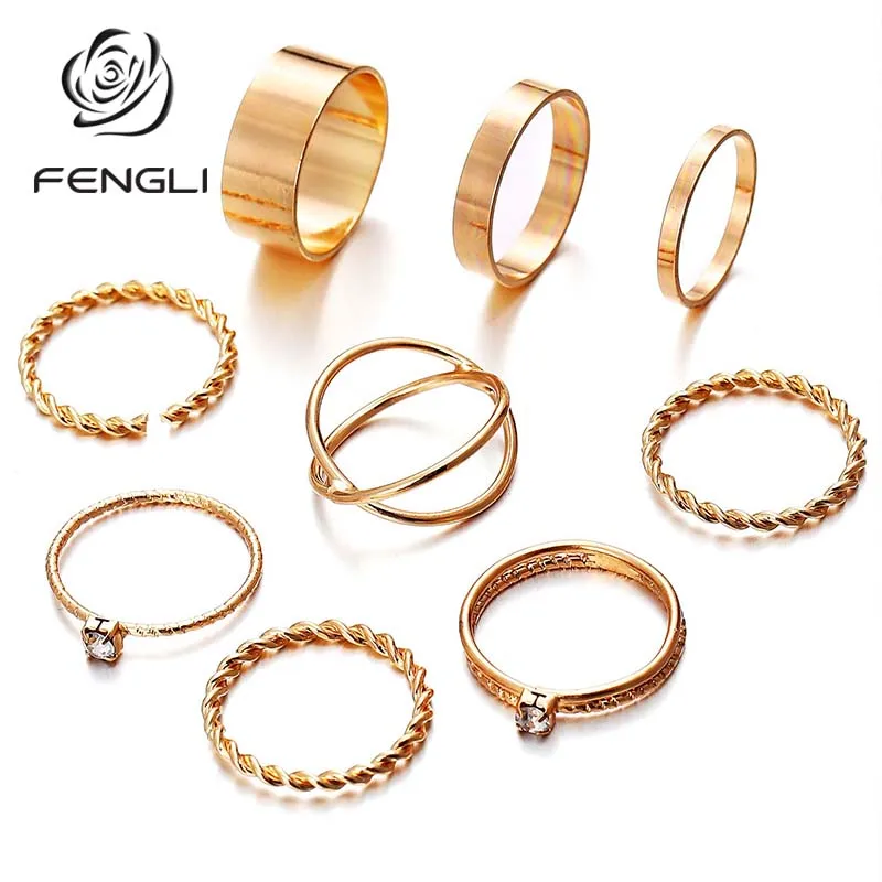 

FENGLI Dirty Secret Vintage Knuckle Rings for Women Small Crystal Boho Geometric Ring Set Bohemian Finger Female Jewelry Present