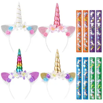 

4PCS Halloween Unicorn Hair Bands Adorable Cute Hair Hoops with 8PCS Rings Headdress Party Favors Supplies