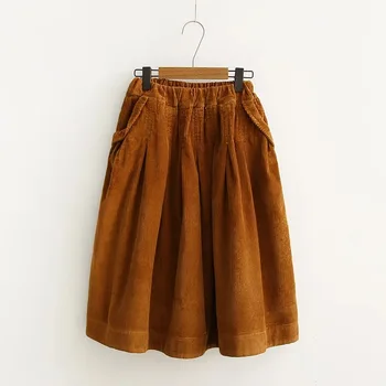 

KYQIAO vintage corduroy skirts womens autumn spring Japanese style thick warm red blue solid a-line skirt