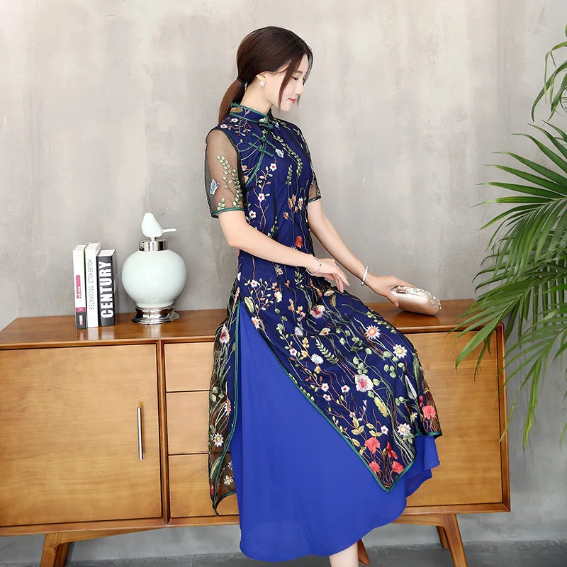 

New Style Improved Short Sleeve Embroidered Skirt Daily Life Formal Dress Lace Women's Vintage Mid-length Fashion Catwalks Cheon