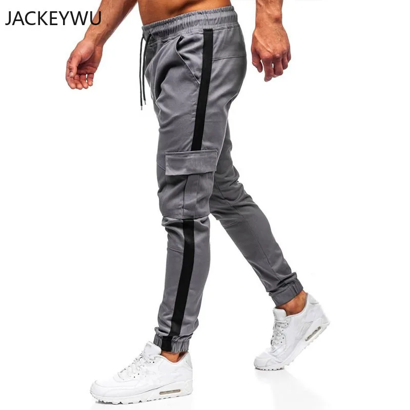 Brand Men Casual Pants Korean Fashion Side Stripe Joggers Men Pocket Overalls Hip Hop Streetwear
