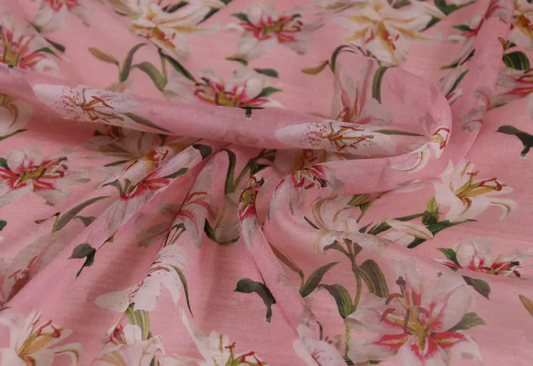Шелк тутового шифона розовые цветы лилии печатные тонкие шелковые шифоновые ткани для одежды женские рубашки платье tissu Австралийский метр