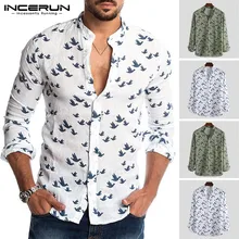 INCERUN Мода осень мужская Повседневная рубашка с длинными рукавами тонкая Печать Европа США стенд воротник Camisas мужской 5XL
