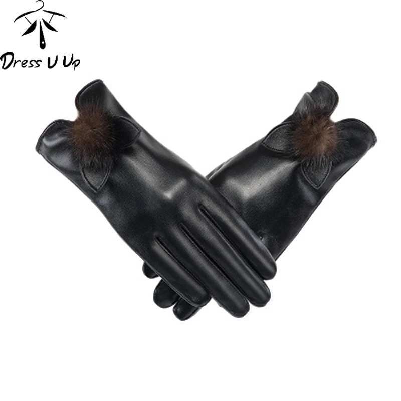 DRESSUUP новые бархатные теплые перчатки зимние женские кожаные перчатки с помпонами с сенсорным экраном модные ветрозащитные